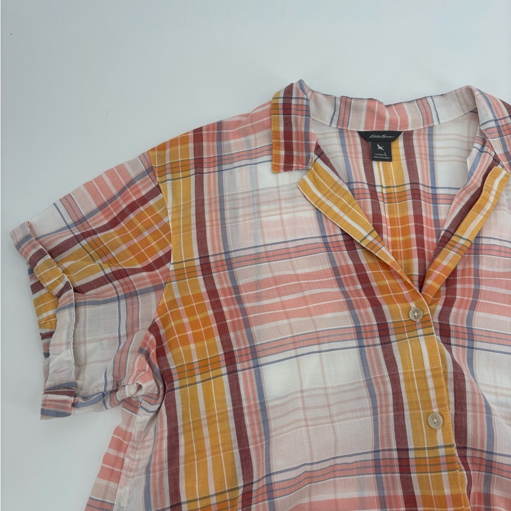 Eddie Bauer Women's L Plaid Shirt Short Sleeve Button Up Orange Yellow White Top